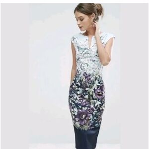 Ted Baker Size 8 Purple and White Floral Midi Dress